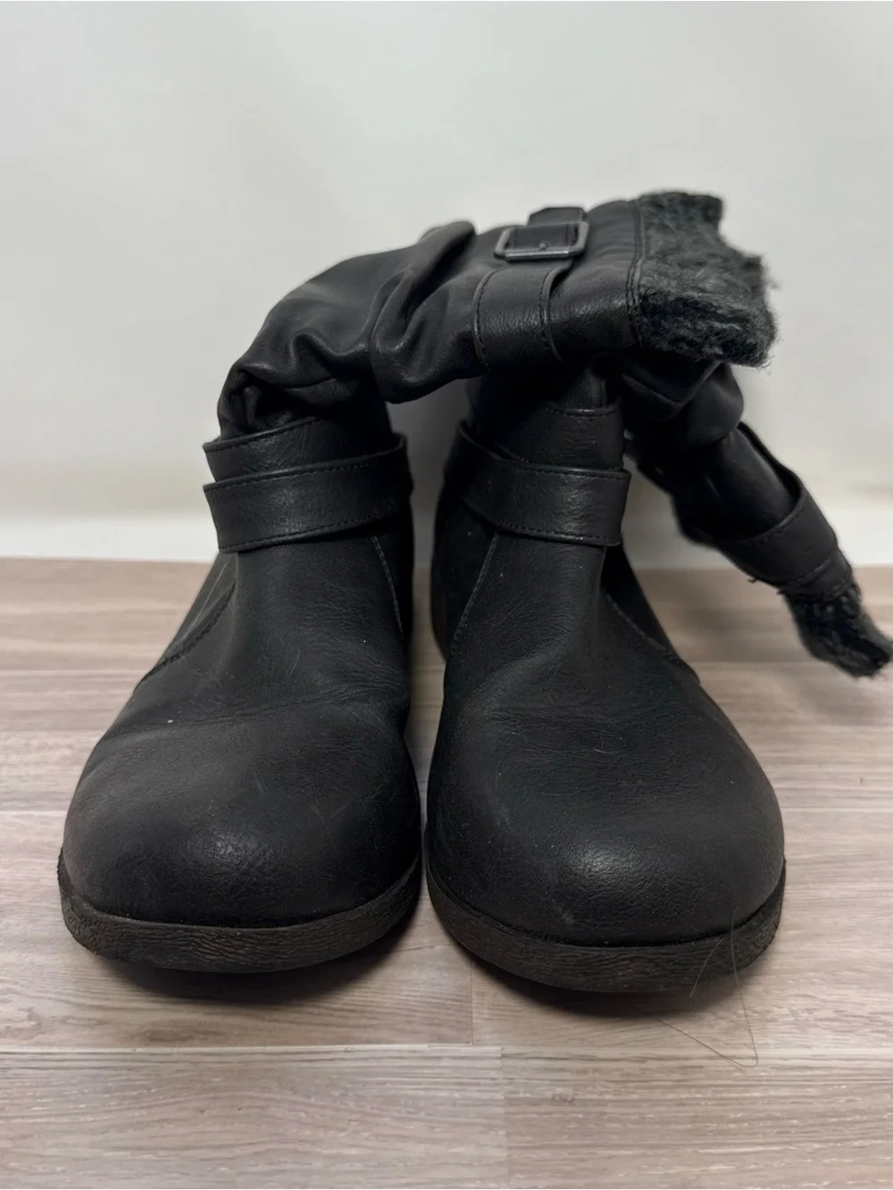 Women’s JustFab Black Faux-Leather Sweater Cuff Slouch Mid Calf Boot Size 9